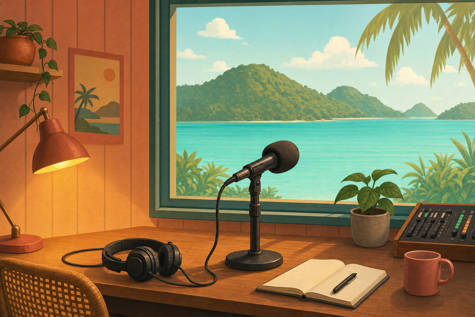 Warm illustration of a broadcast desk with a microphone overlooking a turquoise lagoon
